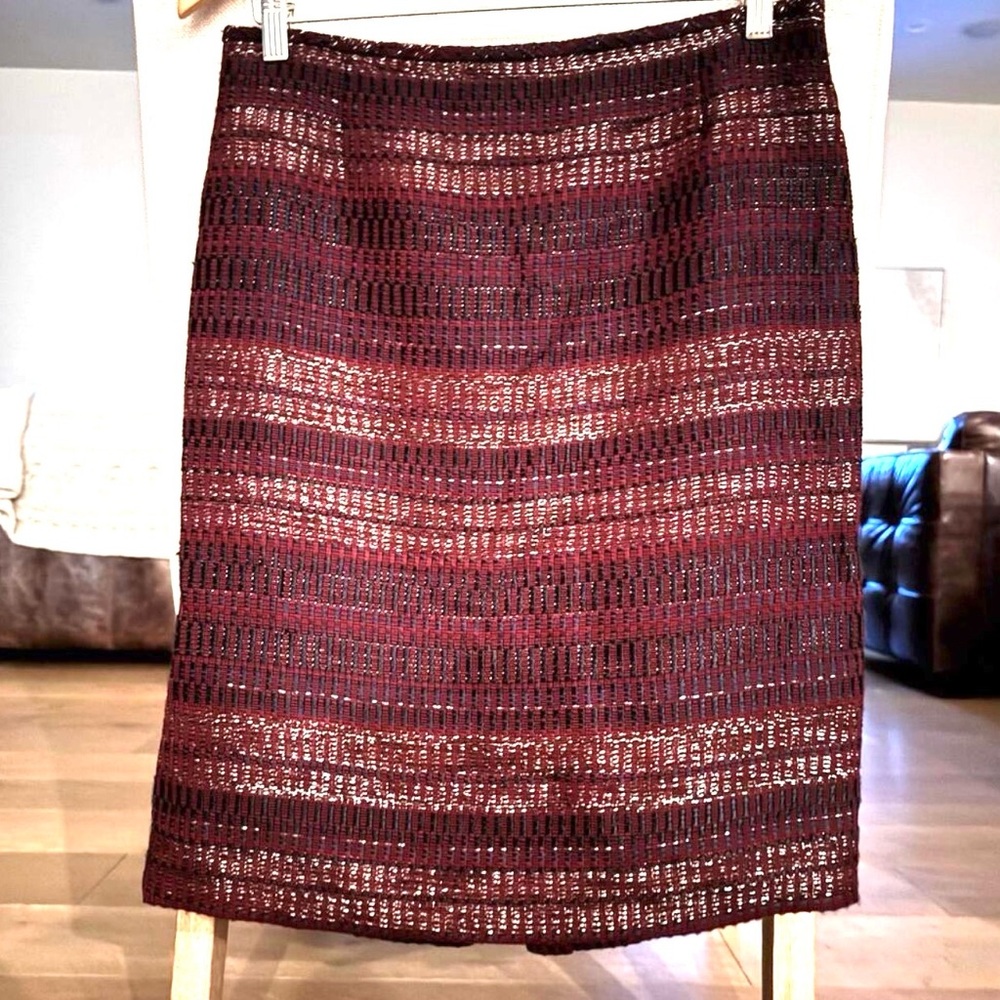 Pencil Skirt Sz 8 Burgundy, Navy & Metallic Silver Knee Length Unbranded